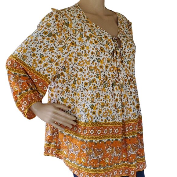Cottage Core Peasant Boho Tunic Top Blouse Womens L Elephant Flowers Autumn Fall - Picture 11 of 16